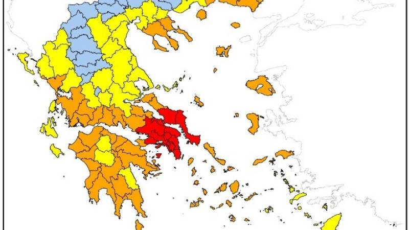 Στο &quot;κόκκινο&quot; για πυρκαγιές Αττική, Βοιωτία, Εύβοια - &quot;Πορτοκαλί&quot; στην Πελοπόννησο