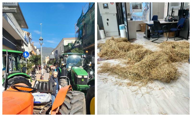 Οι αγρότες με τα τρακτέρ μπήκαν στην Καλαμάτα - Πέταξαν πατάτες και σανό μέσα σε τράπεζα (βίντεο-φωτογραφίες)